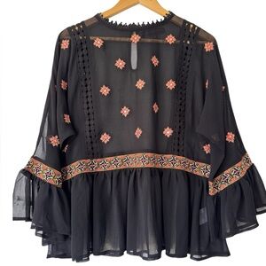 Endless Rose Womens Small Embroidered Sheer Blouse Peplum Hem Shirt Top